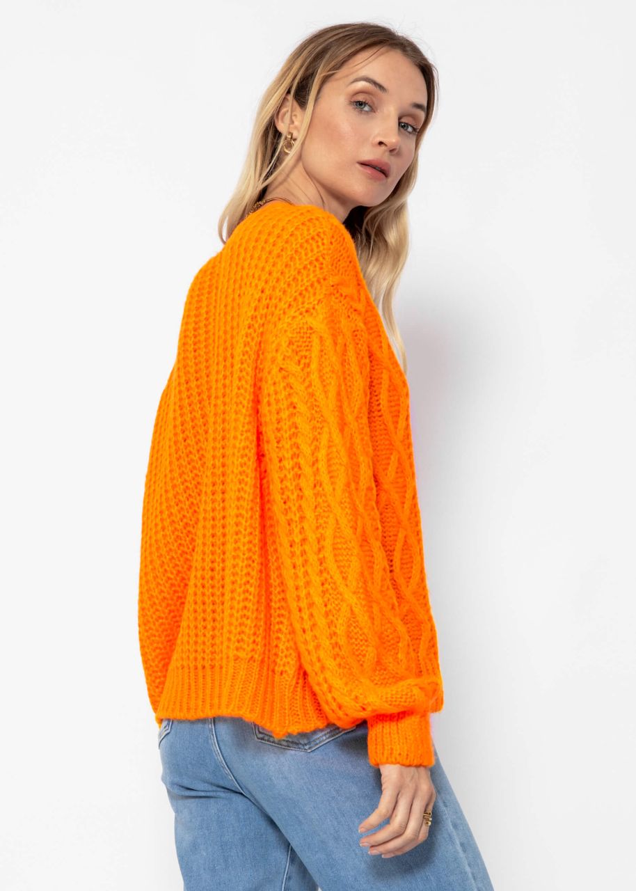 Oversized cardigan with cable knit pattern - tangerine