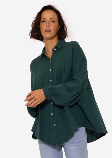 Muslin blouse oversize, short, dark green
