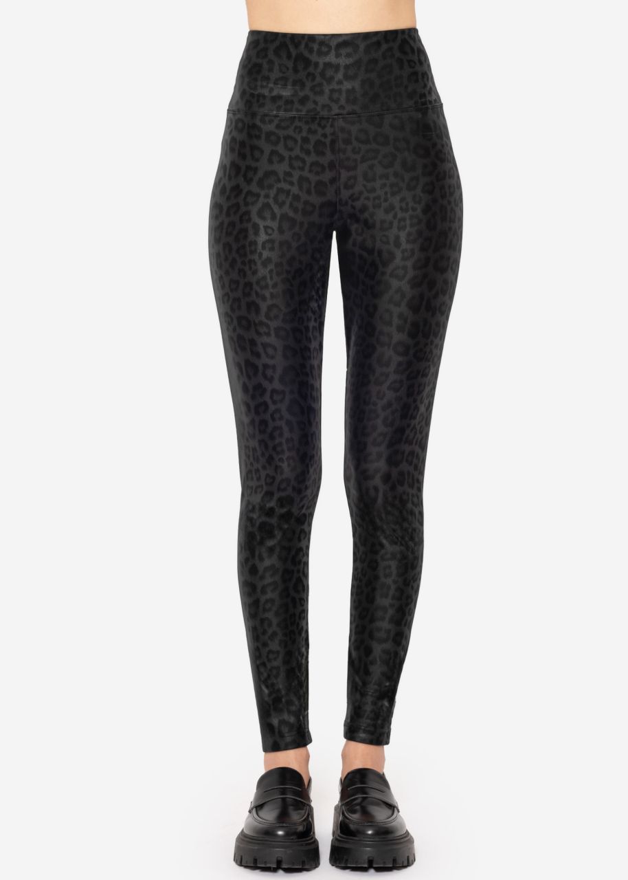 Thermo faux leather leggings with leo print - black