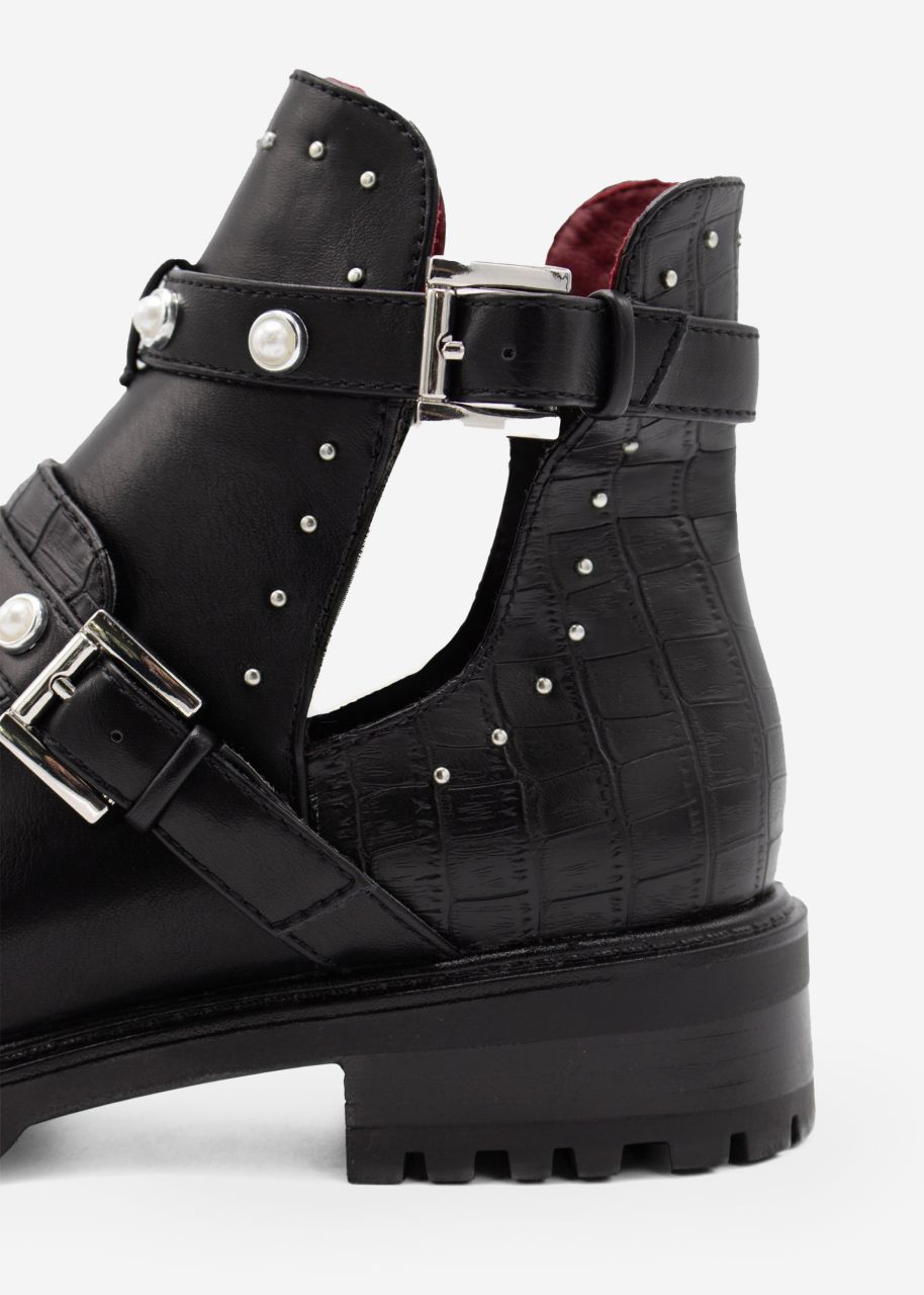 Cut-Out Booties with pearls and rivets, black