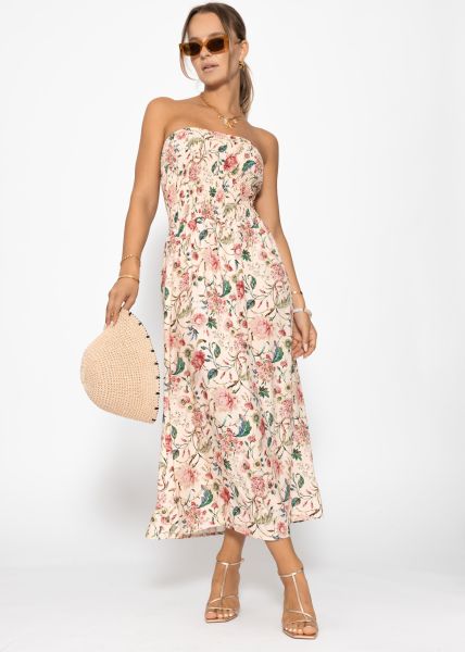 Smocked bandeau dress with floral print - beige