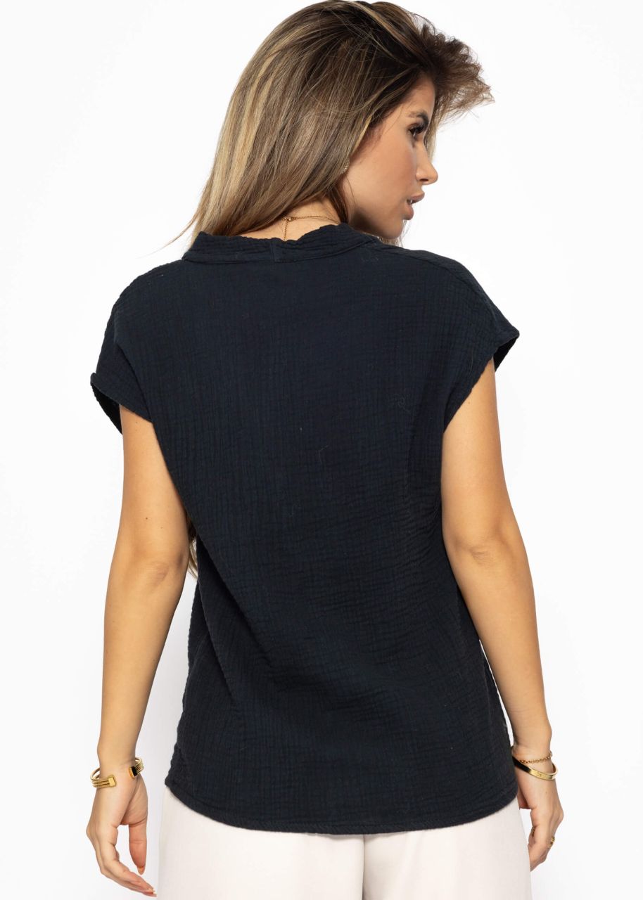 Muslin shirt with V-neck - black