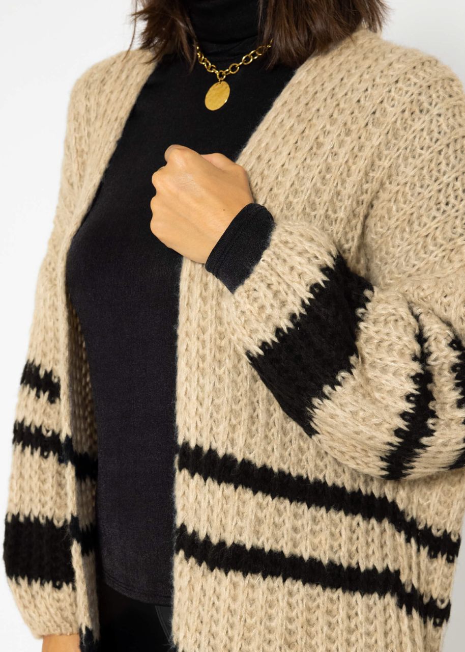 Knitted cardigan with black stripes - beige