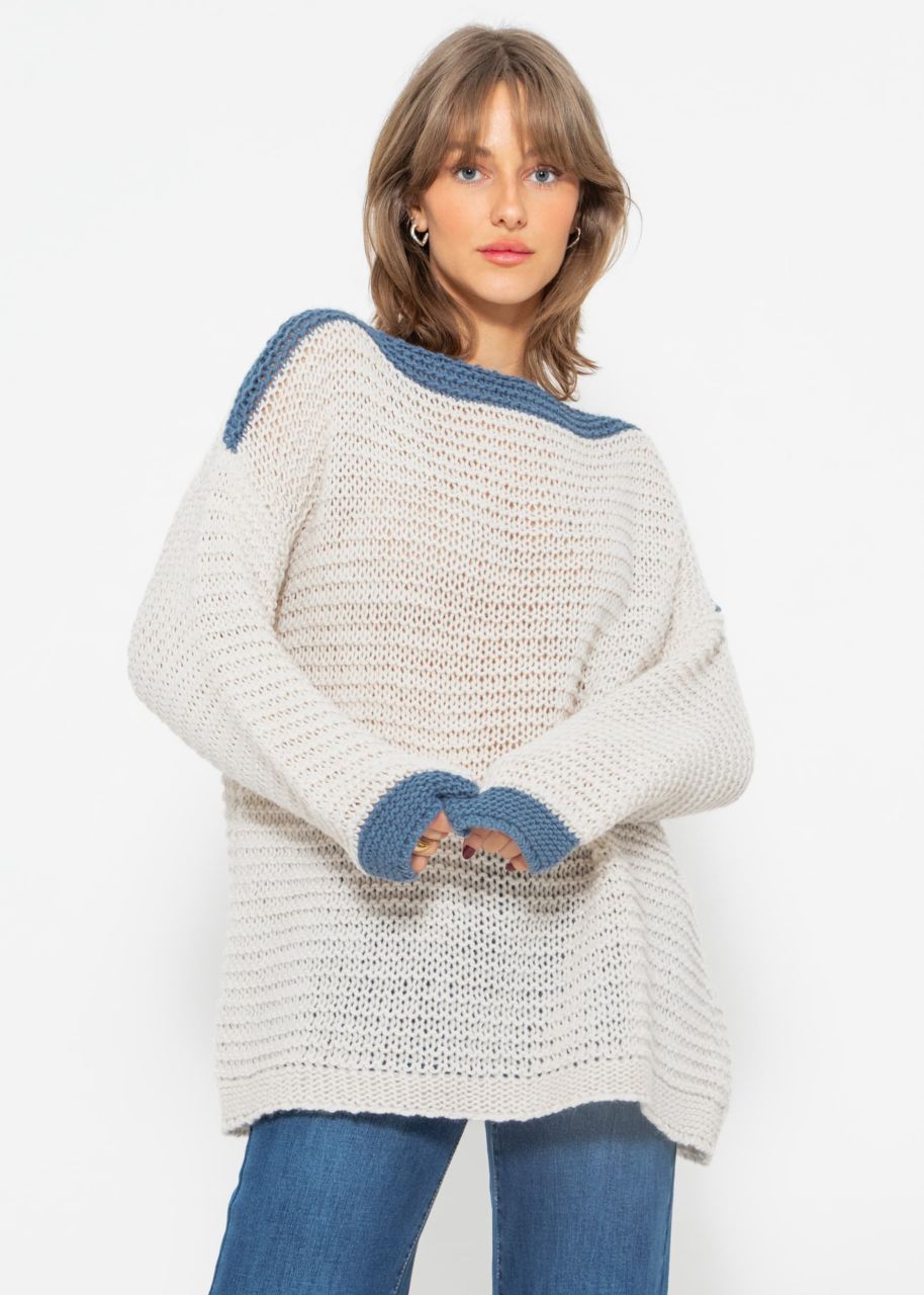 Knitted sweater with colored trim - offwhite - blue