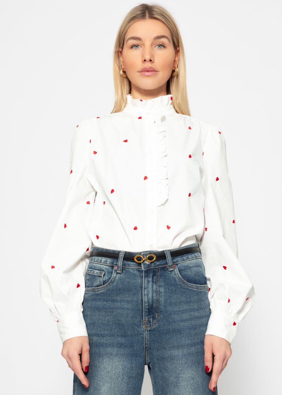 Blouse with red heart embroidery - white