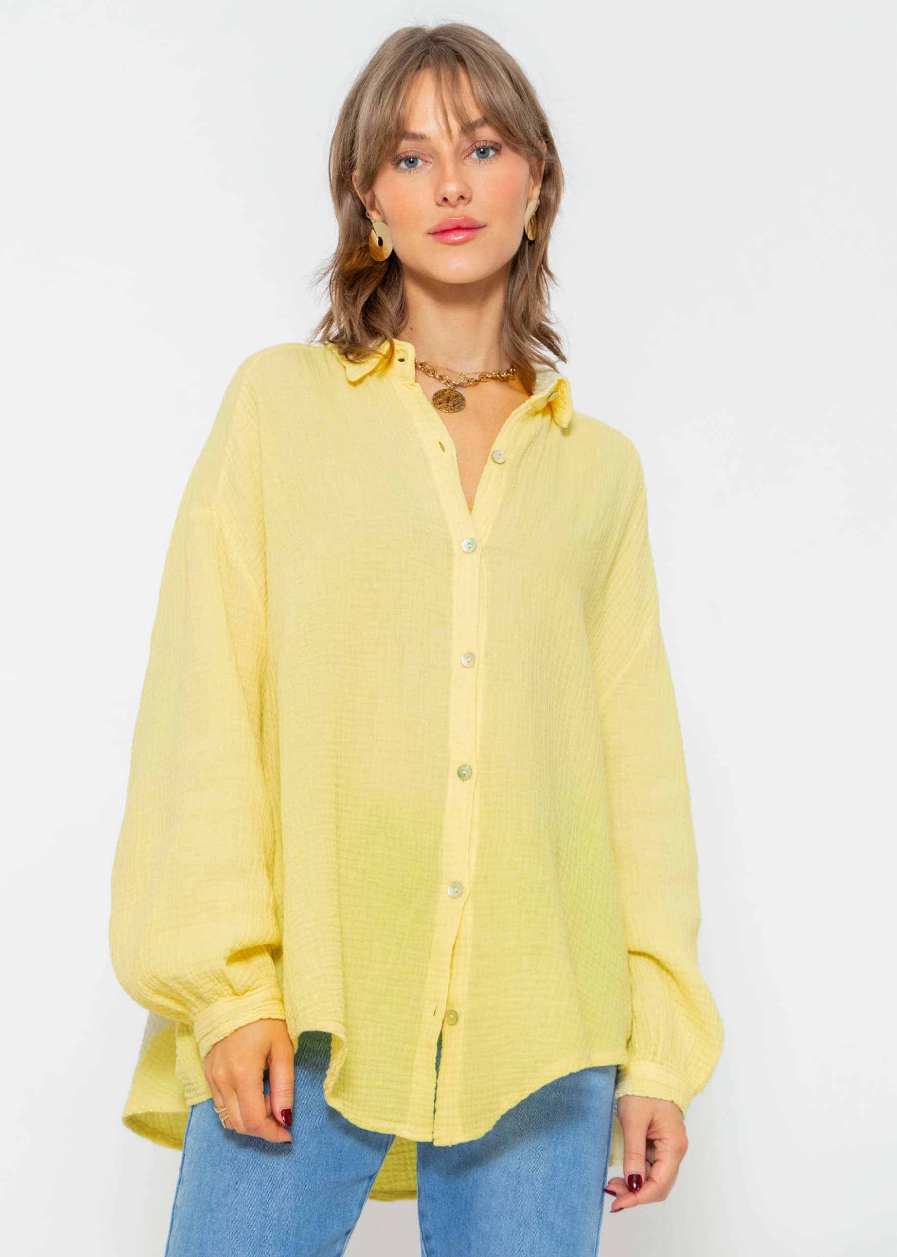 Muslin blouse oversize, short, yellow