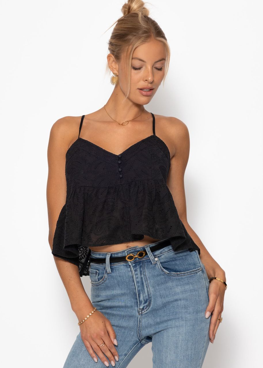 Top with flounce and eyelet embroidery - black