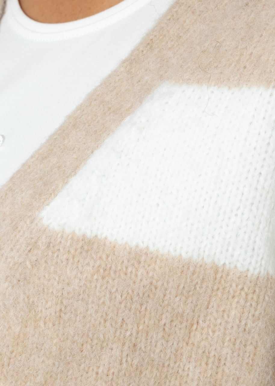Oversize cardigan with block stripes - beige-offwhite