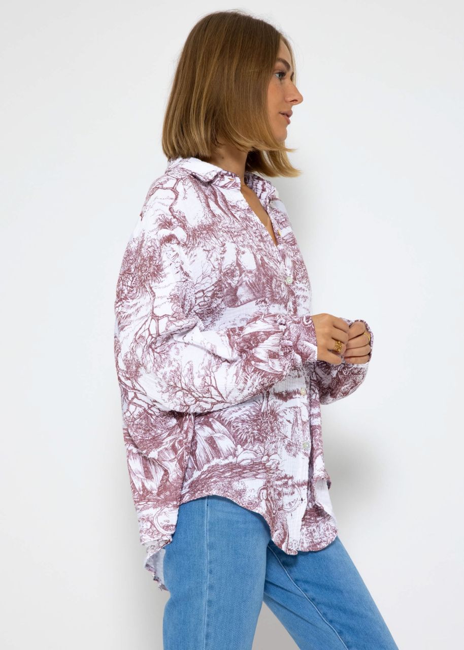 Muslin blouse with print, burgundy