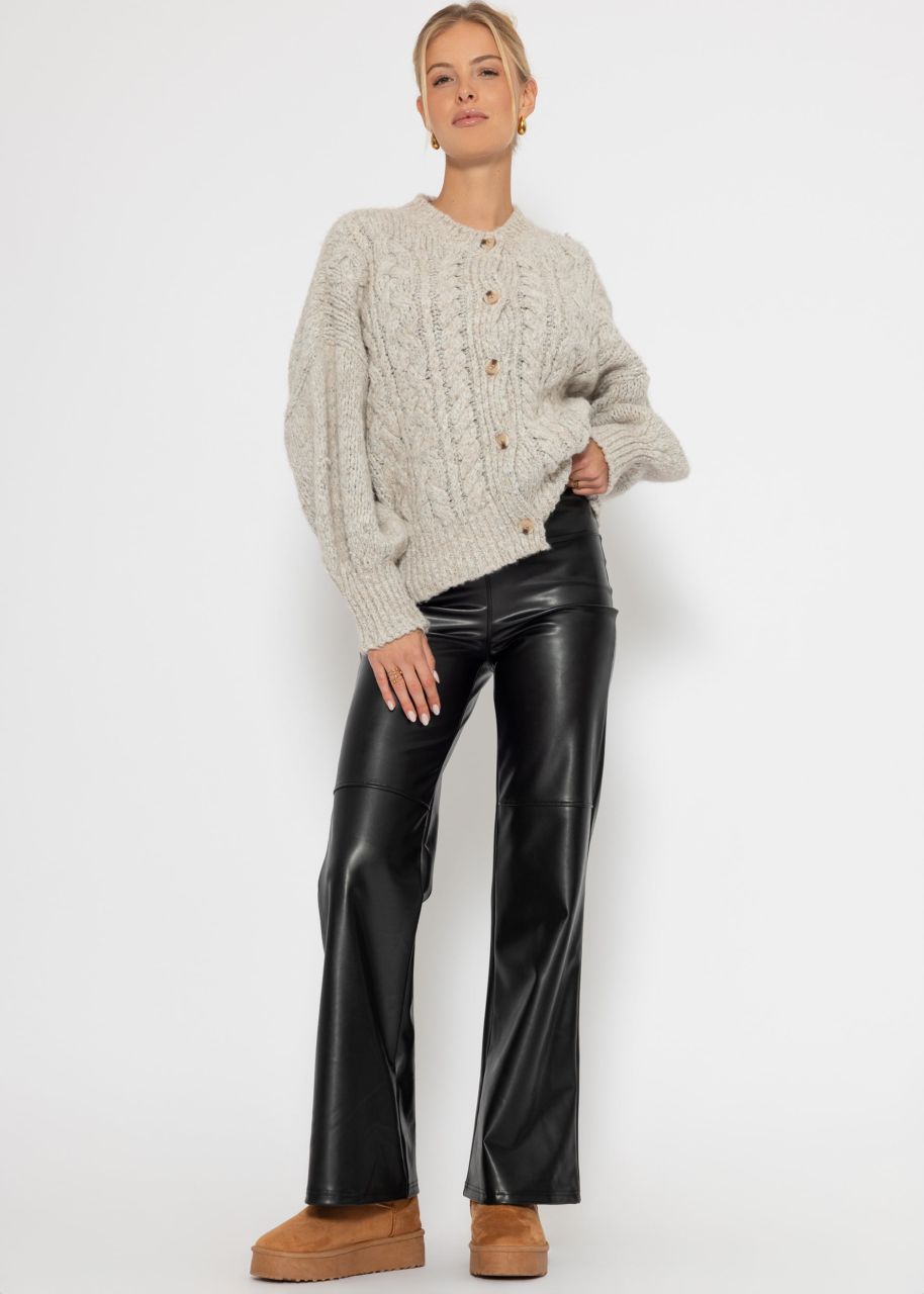 High-rise flared leggings made of faux leather with a wide waistband - black