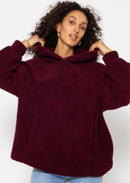 Oversized teddy sweatshirt with hood - burgundy