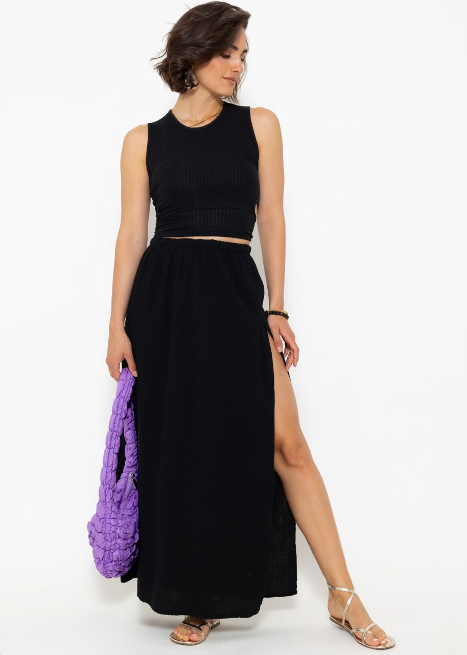 Long muslin skirt with high slit - black