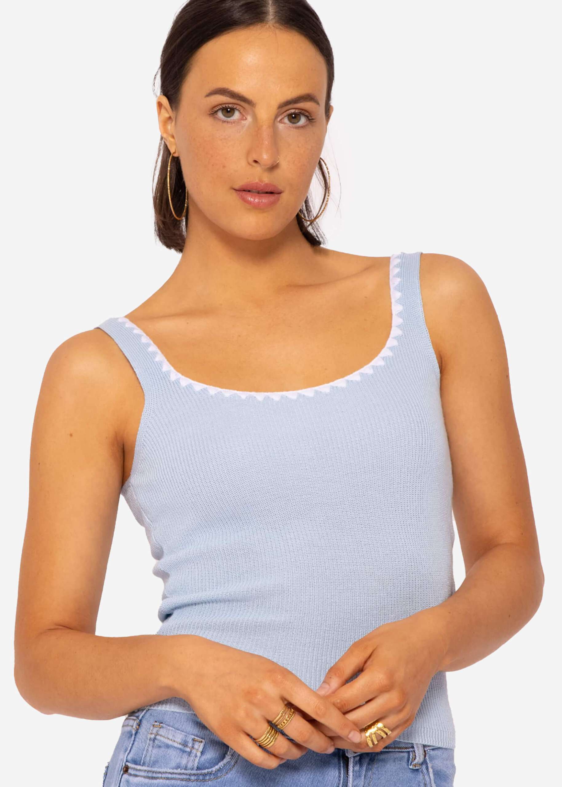 Knitted top with border, light blue