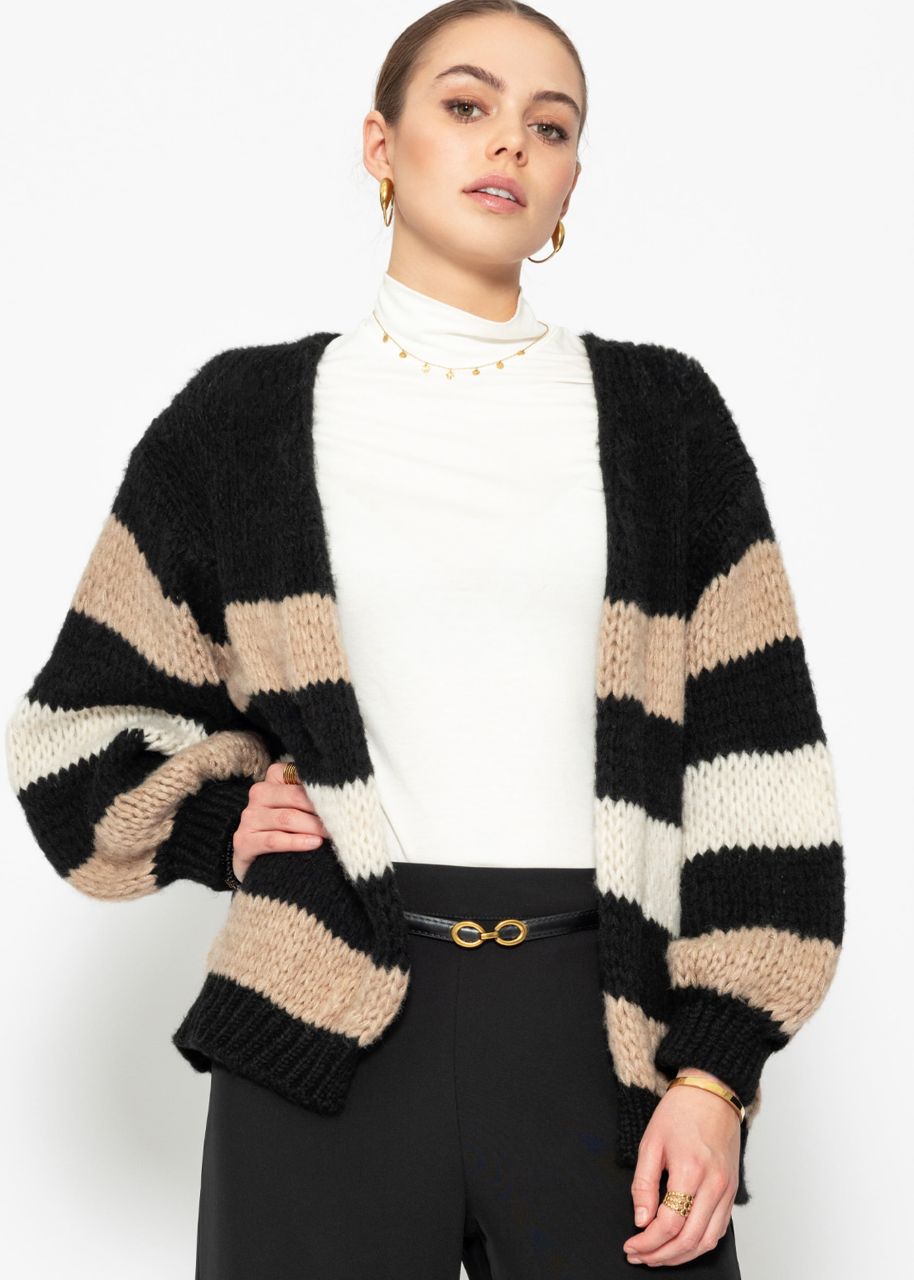 Striped cardigan with balloon sleeves - black-camel-offwhite