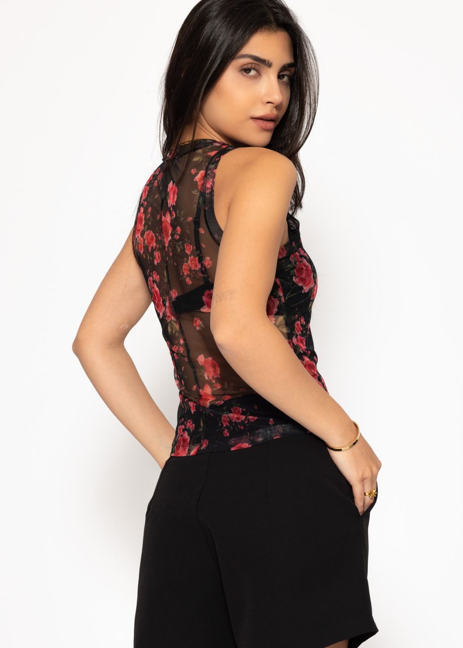 Mesh top with floral print - black