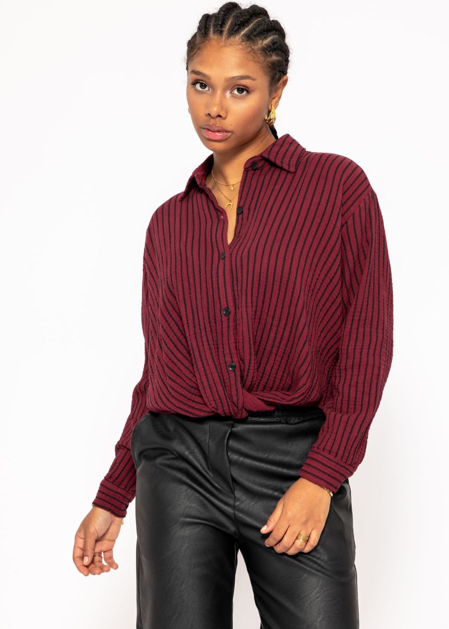 Striped muslin blouse with knot - burgundy-black