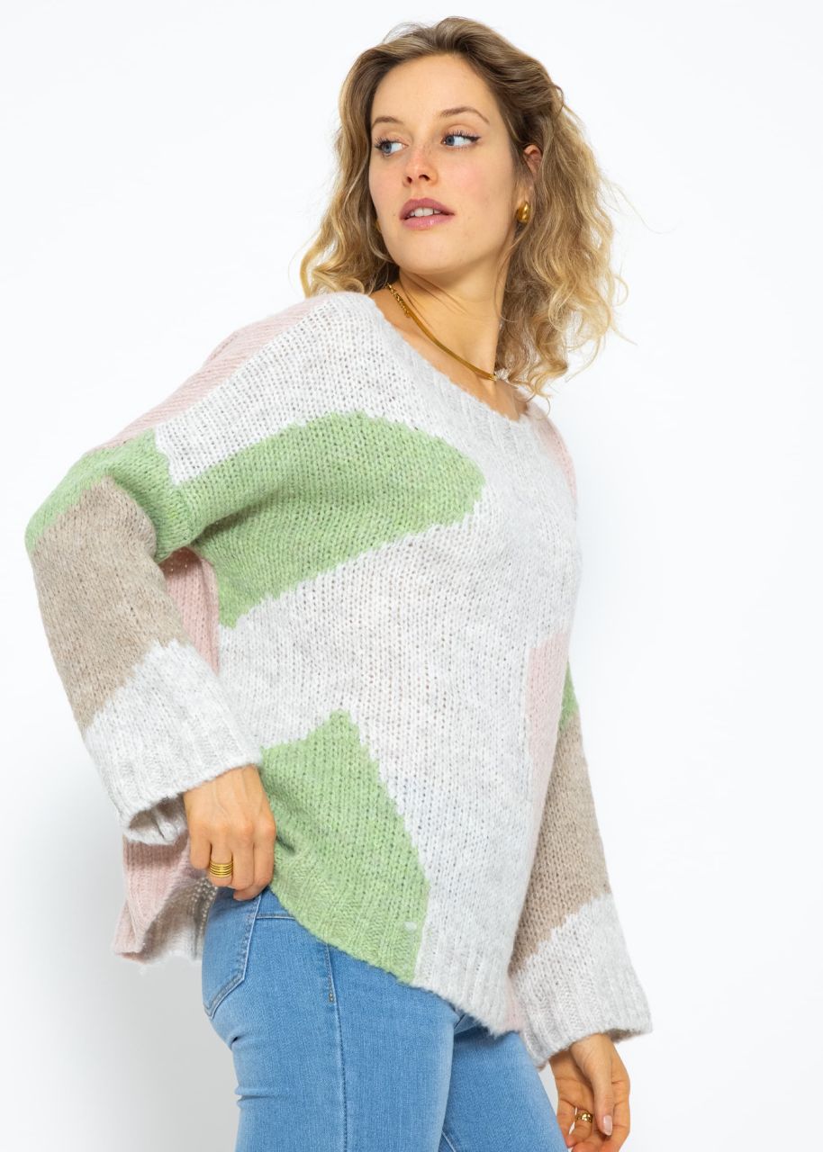 Jumper with colour blocking, pink-beige-grey-green
