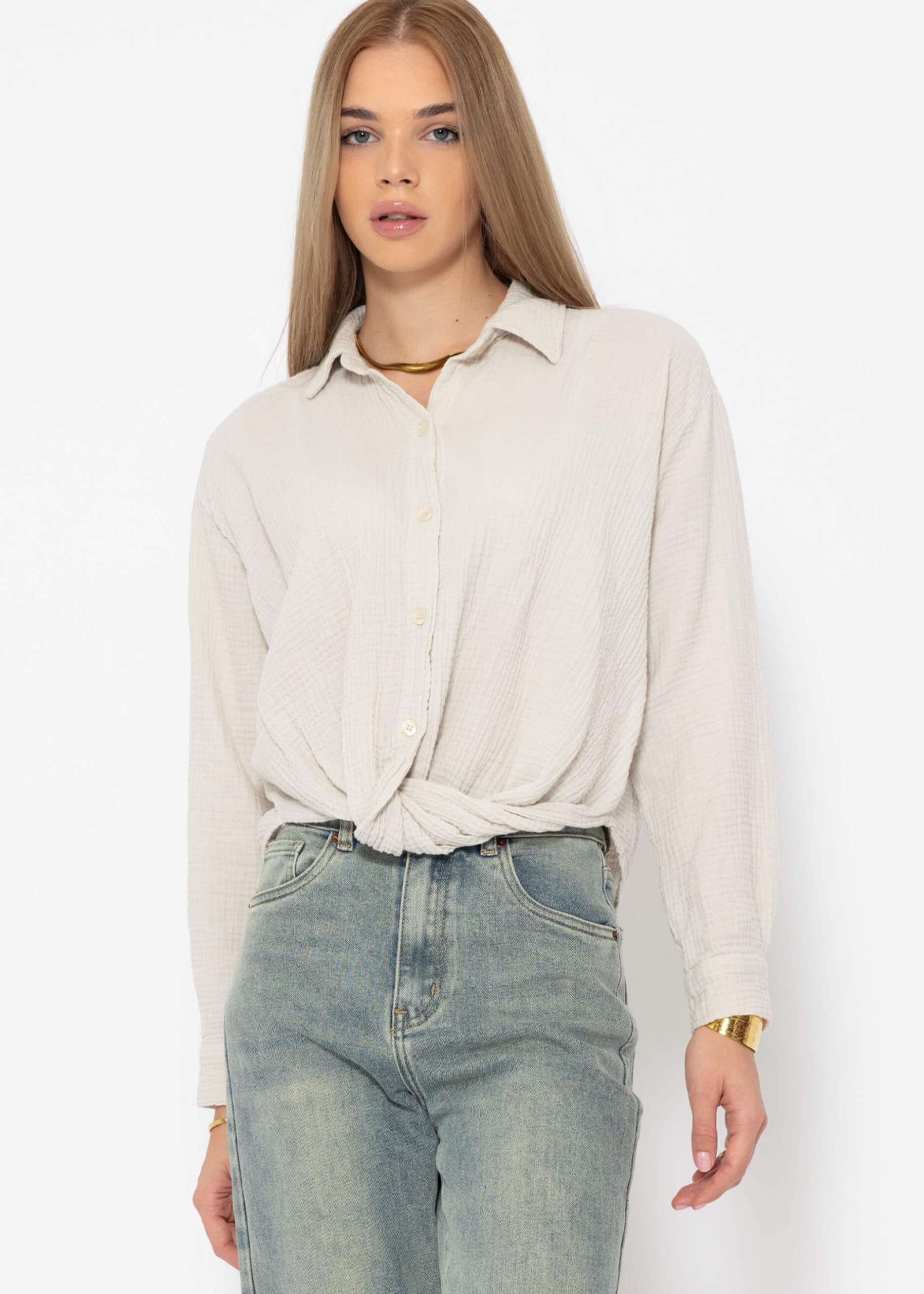 Muslin blouse with knot - light beige