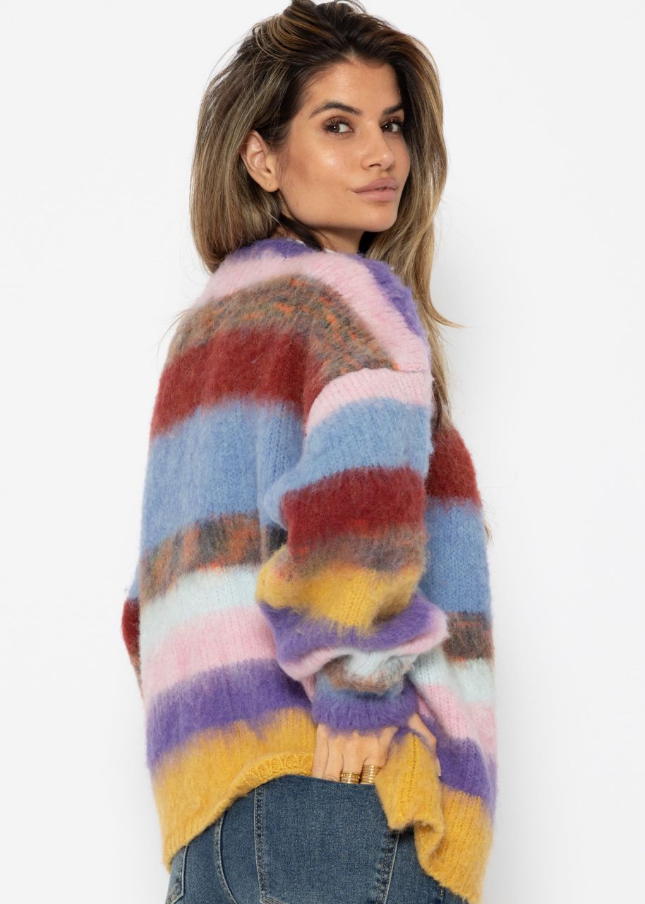 Fluffy cardigan with stripes - multicolor