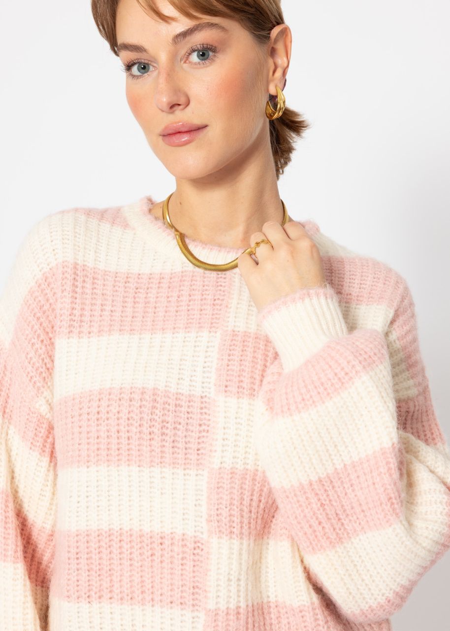 Fluffy sweater with offset block stripes - pink-offwhite