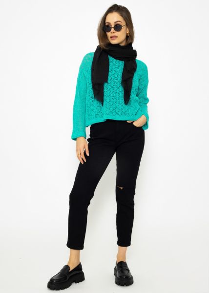 Sweater with diamonds hole pattern, turquoise