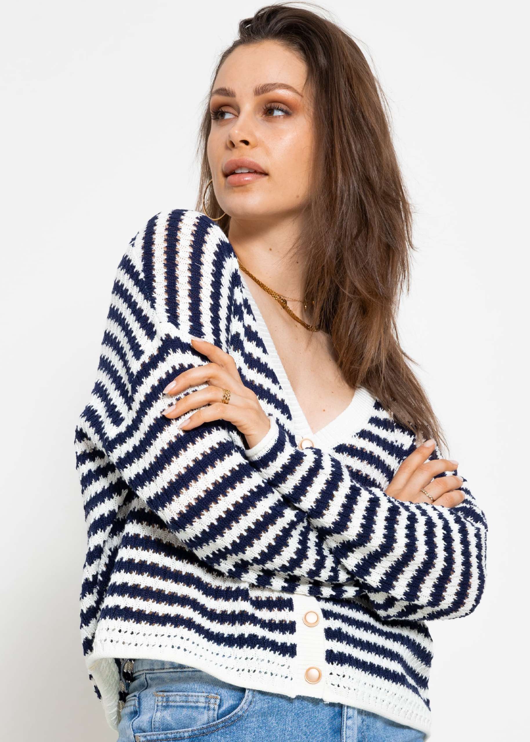 Cardigan in ajour knit - dark blue and white