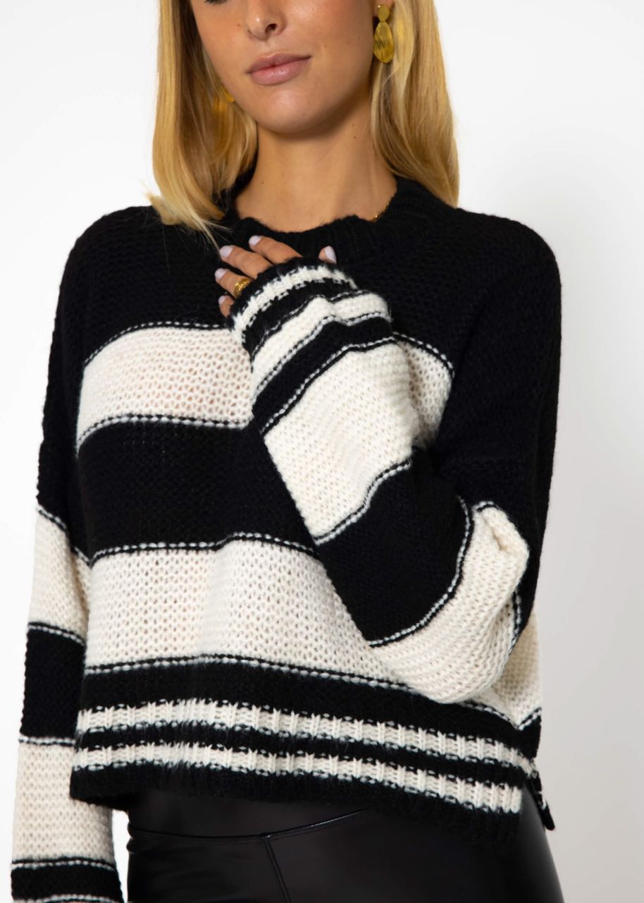 Turtleneck jumper with stripes, black-beige