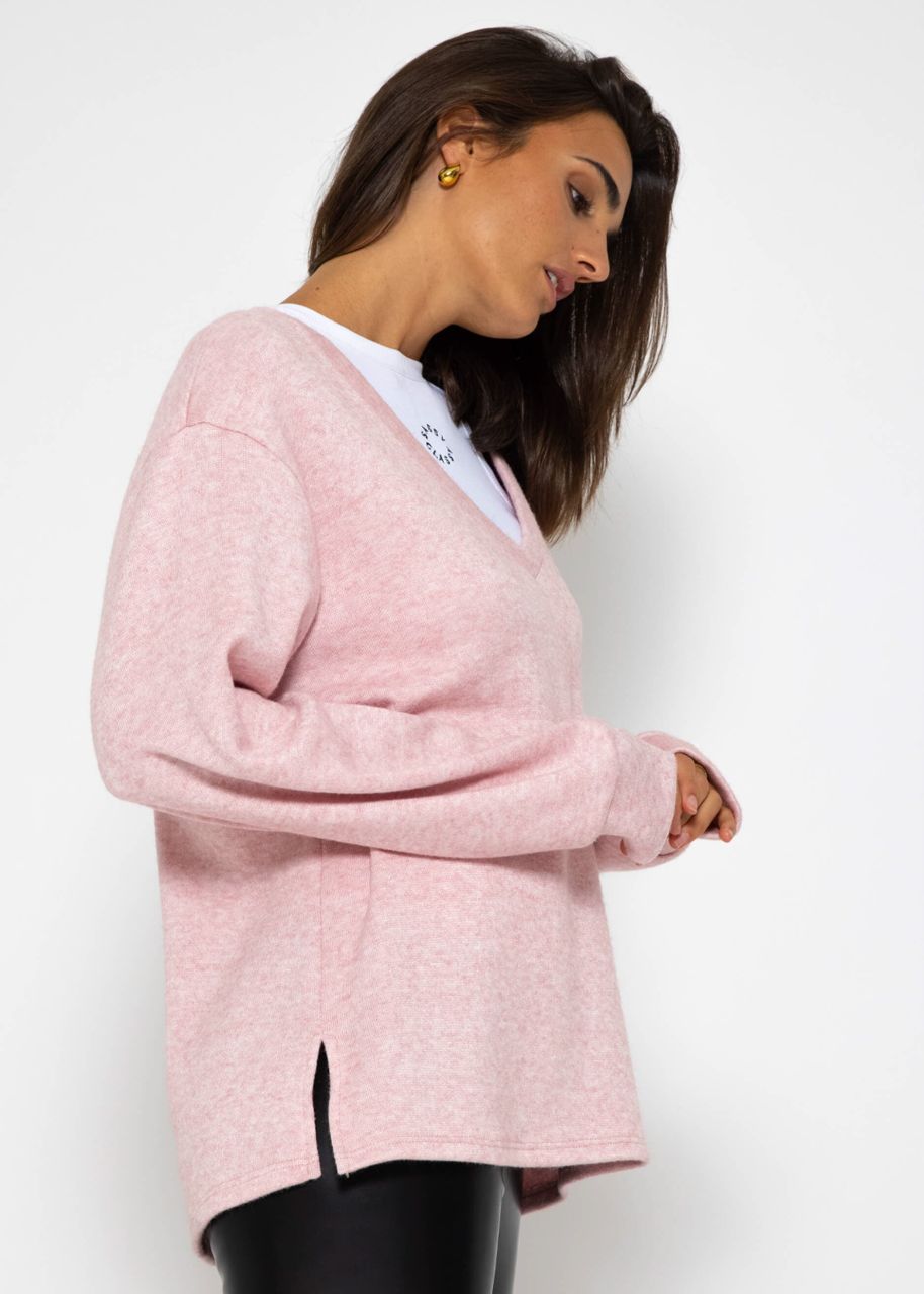 Oversize soft jumper with deep V-neck- pink