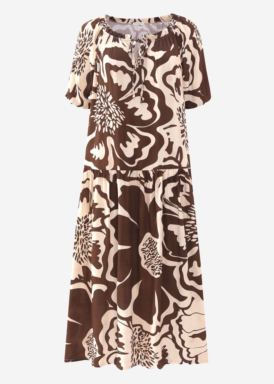 Flounce dress with large floral print - brown