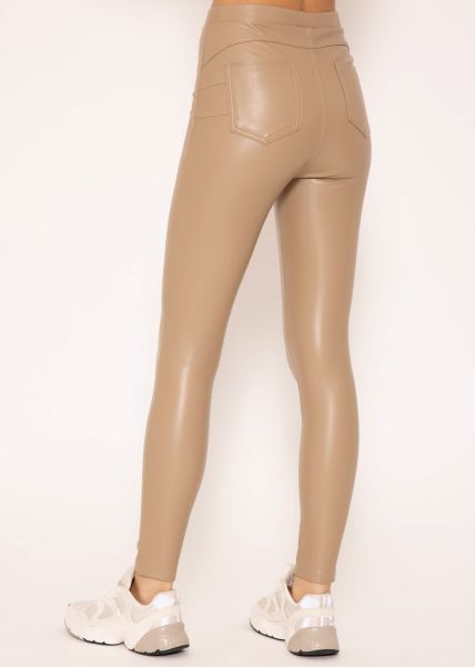 Thermo leather leggings with patch pockets, beige