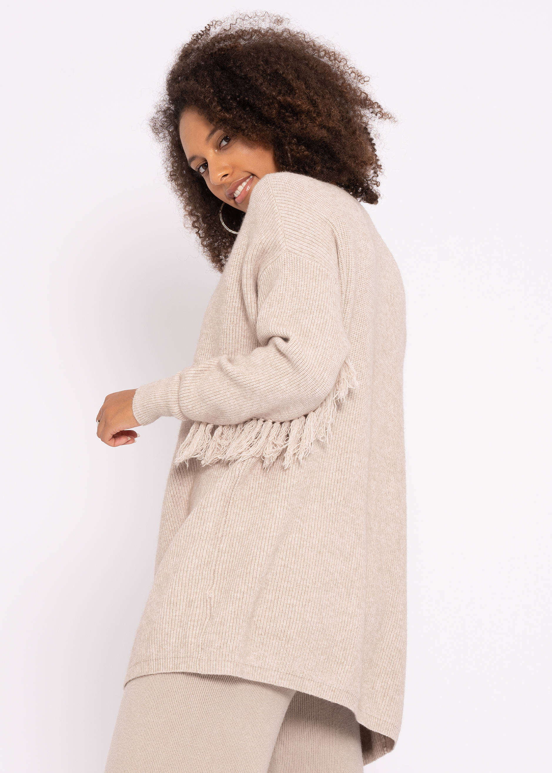 Knitted Cardigan With Fringes Beige Pullover And Knits Tops Clothing Sassyclassy Com