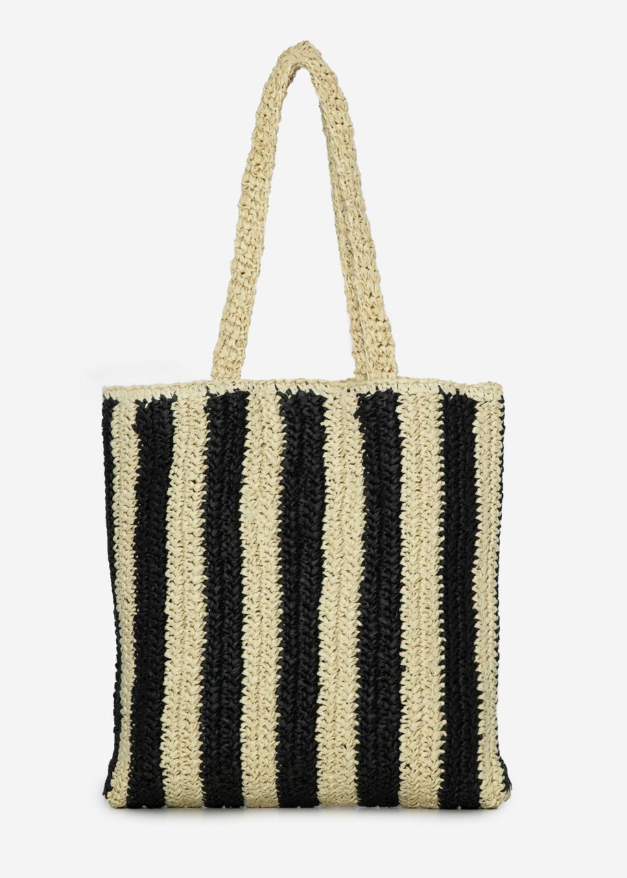 Striped raffia shopper - black