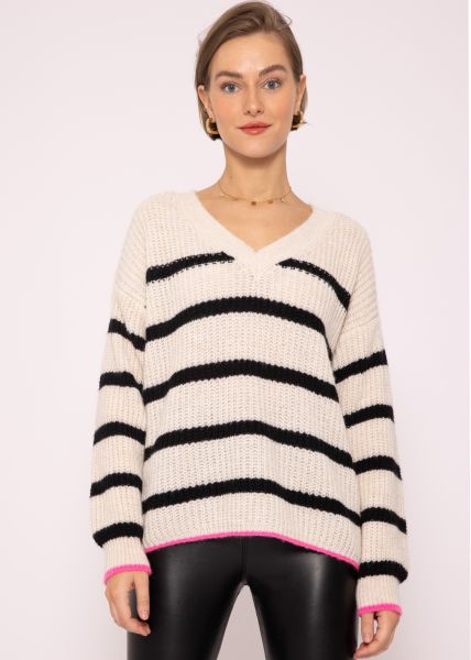 Striped V-neck sweater, offwhite