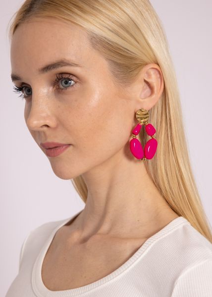 Stud earrings gold with large beads, neon pink