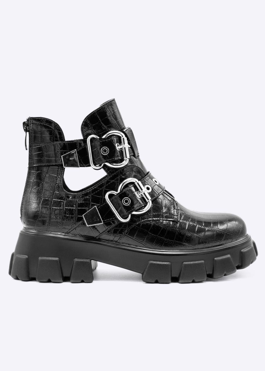 Platform boots in croco-look with silver buckles, black