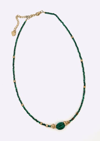 Narrow necklace with malachite stones, gold
