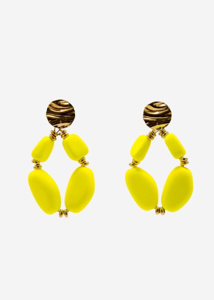 Stud earrings gold with large beads, neon yellow
