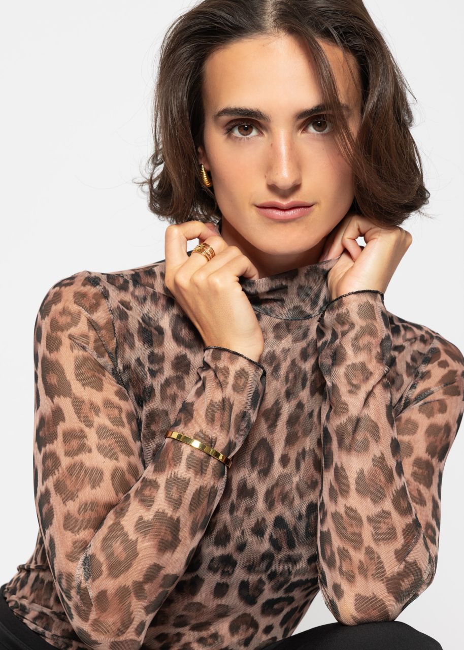 Mesh long sleeve shirt with leo print - brown