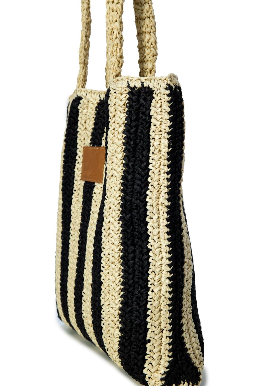 Striped raffia shopper - black