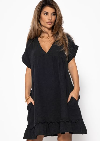 Musselin Kleid mit V-Ausschnitt - schwarz