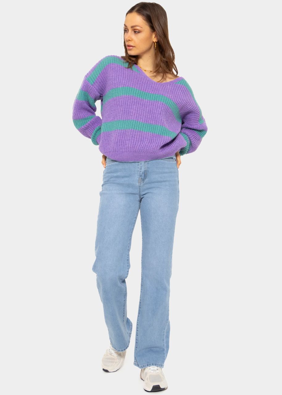 Jumper with stripes and V-neck, purple-turquoise