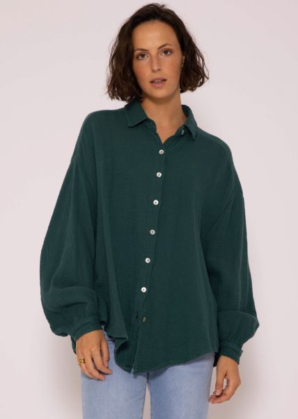Muslin blouse oversize, short, dark green