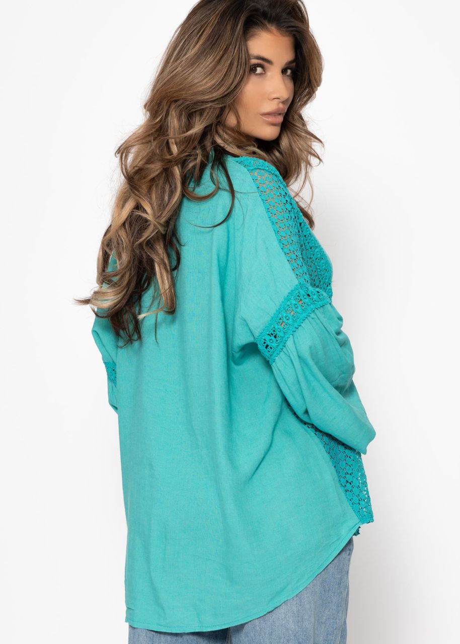 Linen blouse with lace - turquoise