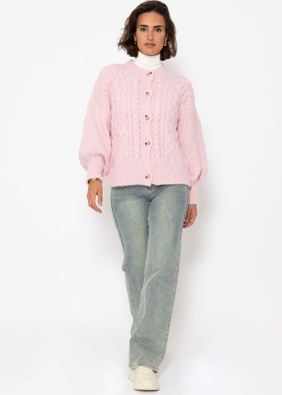 Super fluffy cardigan with cable knit pattern - pink