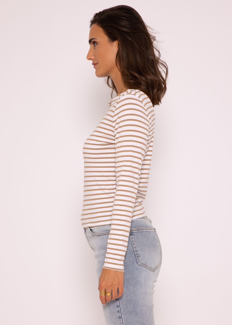 Striped long-sleeved shirt with back cut-out, beige/white
