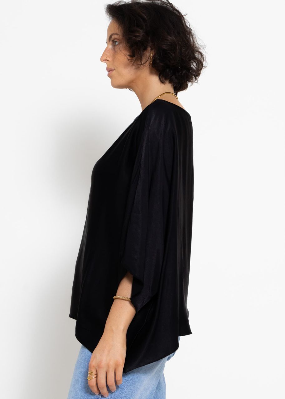 Oversize satin shirt with asymmetric hem - black