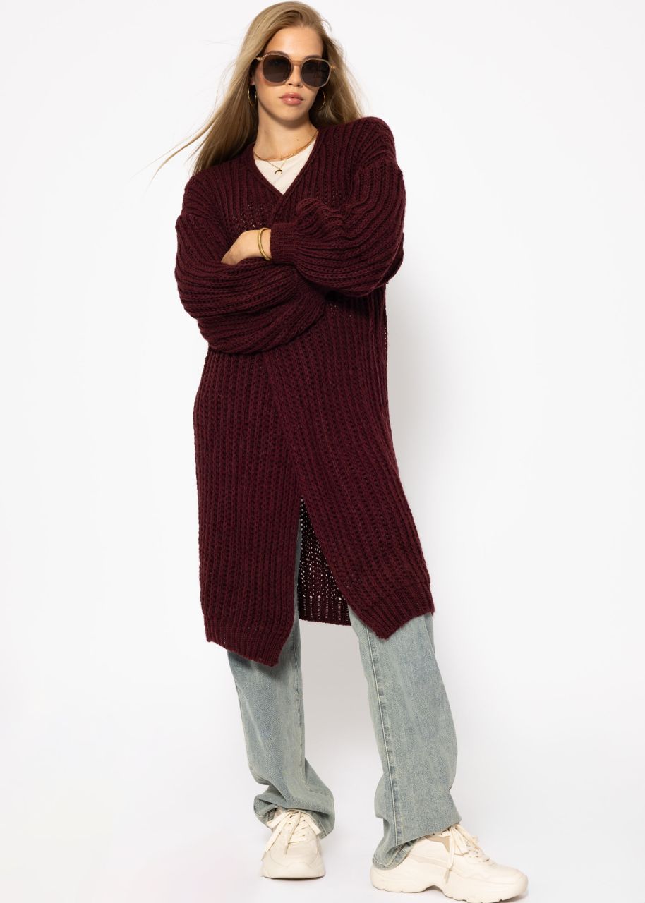 Ribbed long cardigan with balloon sleeves - burgundy