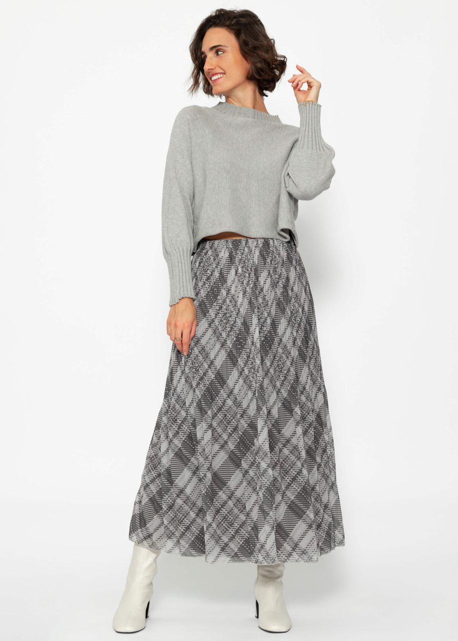 Long pleated chiffon skirt with check print - gray