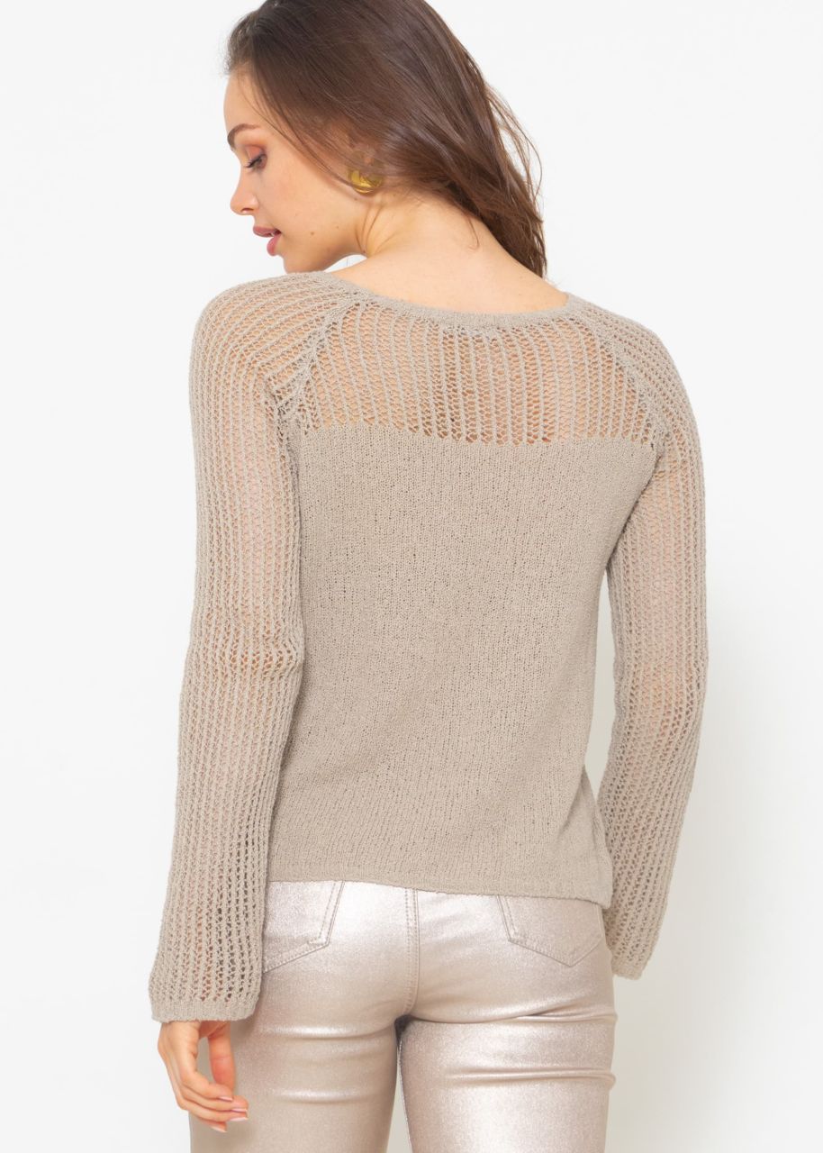 Jumper with mesh structure on sleeves and neckline - taupe