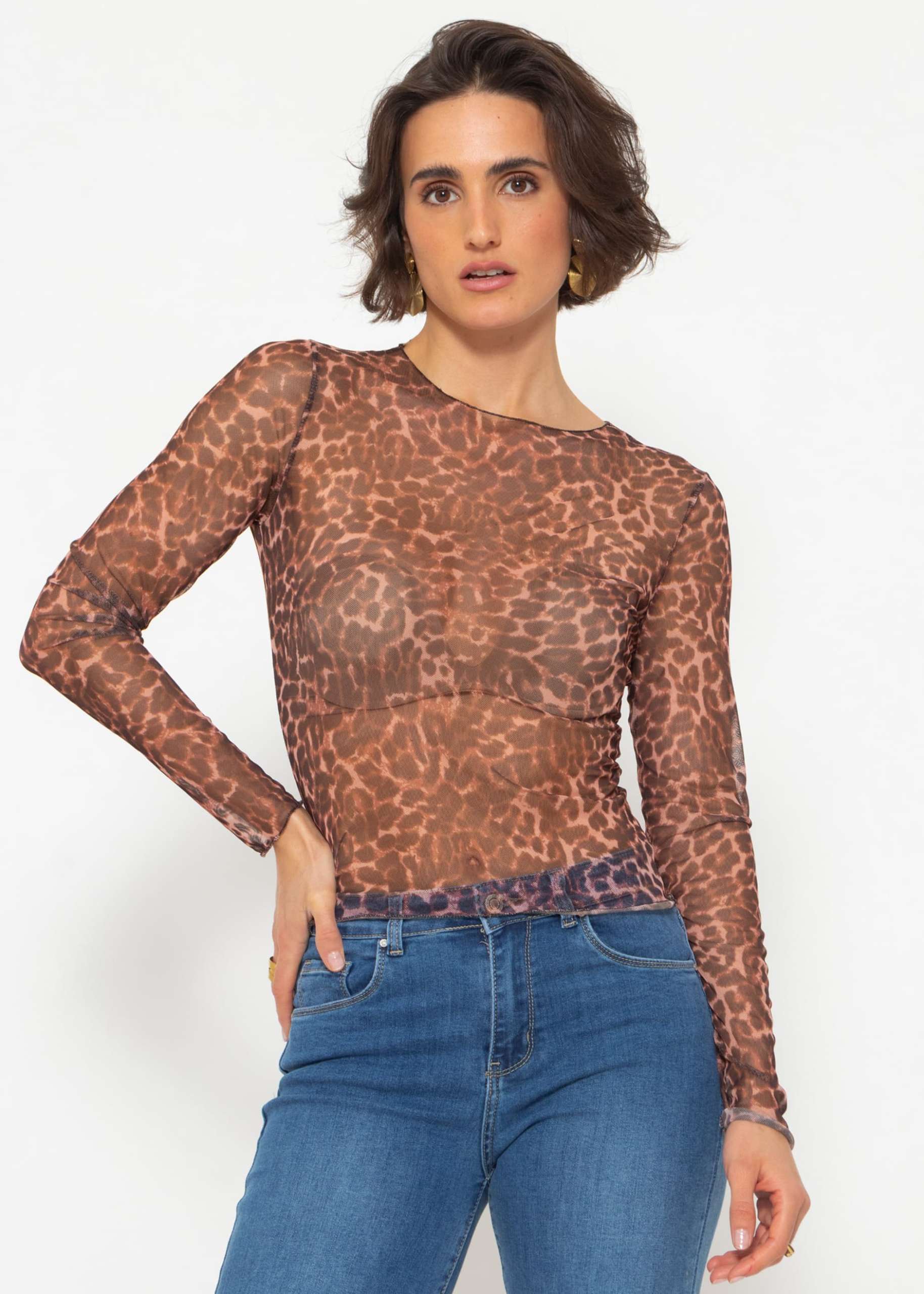 Meche long sleeve shirt with leo print - brown